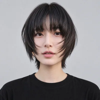 齐碎刘海自然黑轻盈短波波头